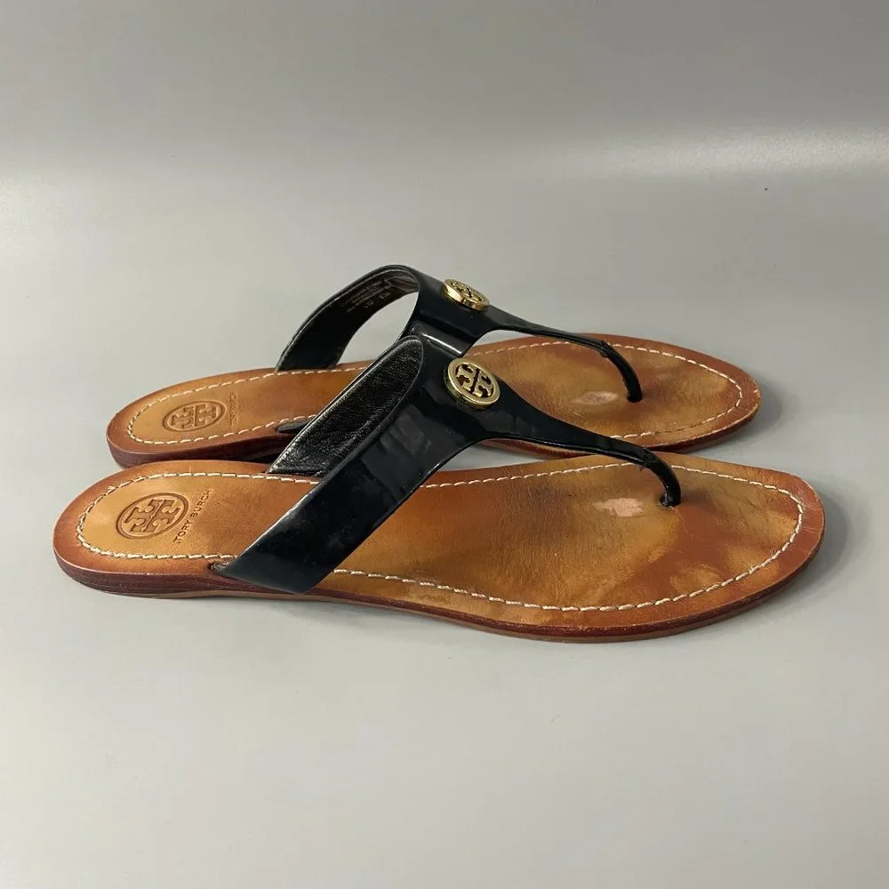 Tory Burch Cameron Black Patent Leather Thong Sandal, Size 9.5 M - Picture 2 of 10